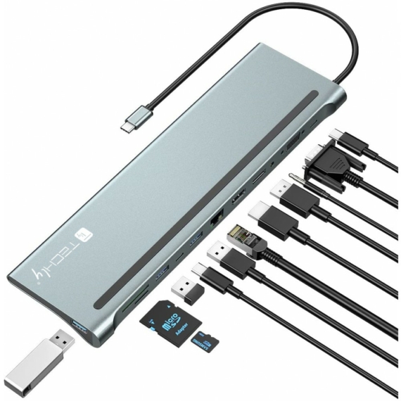 Techly Dokkoló állomás, USB C -> HDMI, DP, VGA, USB3, RJ45, Audio, SD kártya